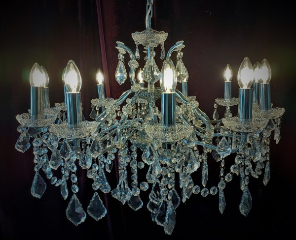 Large 12 arm crystal and glass chandelier SOLD