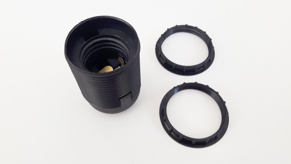 E27 2 PART BLACK PLASTIC LAMP HOLDER THREADED SKIRT AND SHADE RINGS