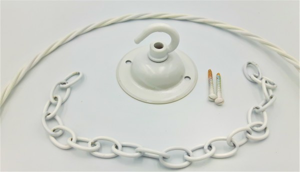 White ceiling hook with screws chain and braided flex
