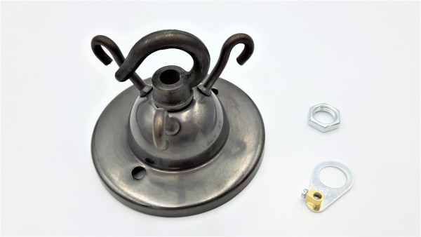 3 hook old bronze finish ceiling pendant plate with centre hook and earth tag