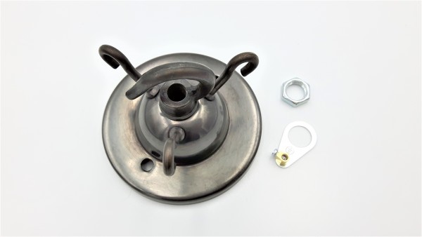 3 hook old bronze finish ceiling pendant plate with centre hook and earth tag