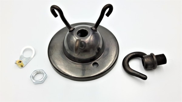 3 hook old bronze finish ceiling pendant plate with centre hook and earth tag