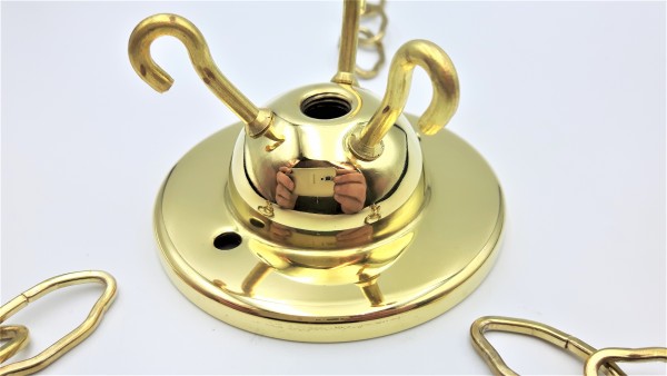 CHANDELIER - LIGHT FITTING 3 HOOK POLISHED CEILING PLATE with 3 x 16 inch lengths of brass plated go