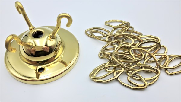 CHANDELIER - LIGHT FITTING 3 HOOK POLISHED CEILING PLATE with 3 x 16 inch lengths of brass plated go