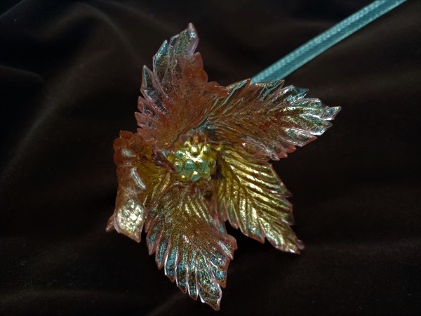 Antique Murano chandelier pink and gold flower with blue glass stem