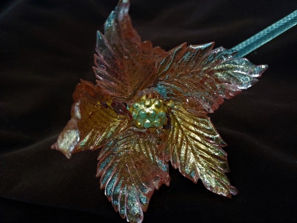 Antique Murano chandelier pink and gold flower with blue glass stem