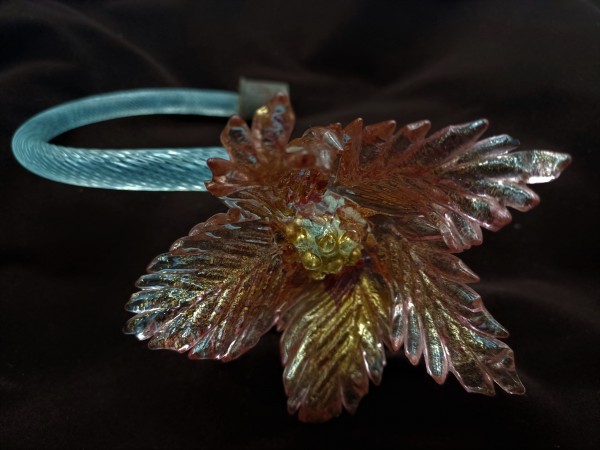 Antique Murano chandelier pink and gold flower with blue glass stem overhang