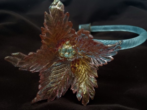 Antique Murano chandelier pink and gold flower with blue glass stem overhang