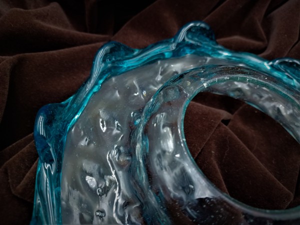 Antique Italian Chandelier Glass Dish with Blue wavey Rim  