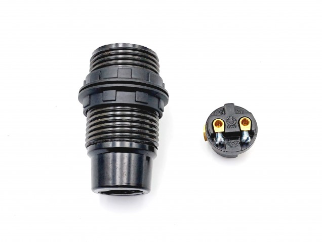 E14 Bakelite lamp holder threaded skirt and shade rings black 