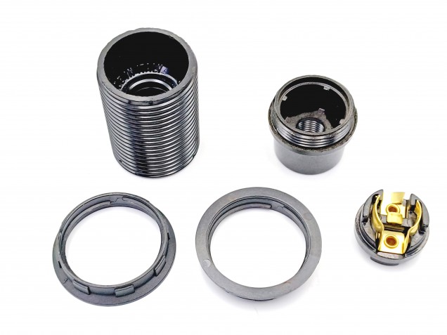 E14 Bakelite lamp holder threaded skirt and shade rings black 