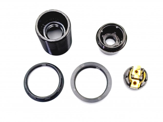 E14 Bakelite lamp holder threaded skirt and shade rings black 