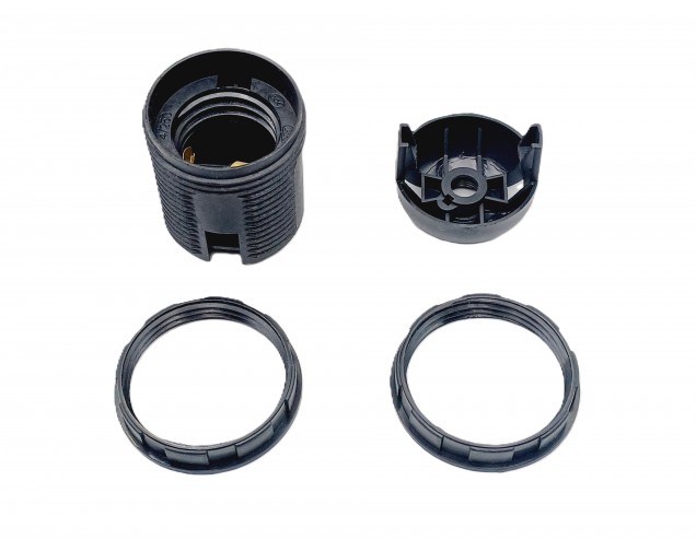 E27 2 PART BLACK PLASTIC LAMP HOLDER THREADED SKIRT AND SHADE RINGS