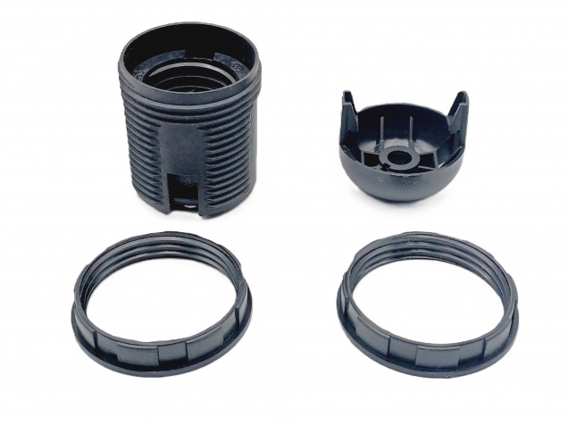 E27 2 PART BLACK PLASTIC LAMP HOLDER THREADED SKIRT AND SHADE RINGS