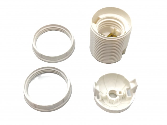 E27 2 PART WHITE PLASTIC LAMP HOLDER THREADED SKIRT AND SHADE RINGS