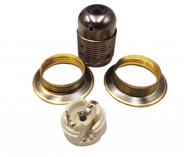 ES E27 Bulb lamp Holder Antique Plated 3 Part Plus Shade Rings In Antique Plated