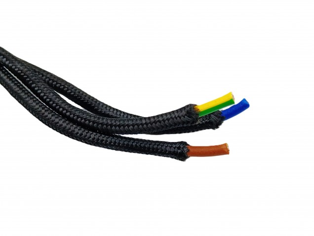 Black 3 Core Braided Silk Flex Electrical Cable 0.75mm BLACK