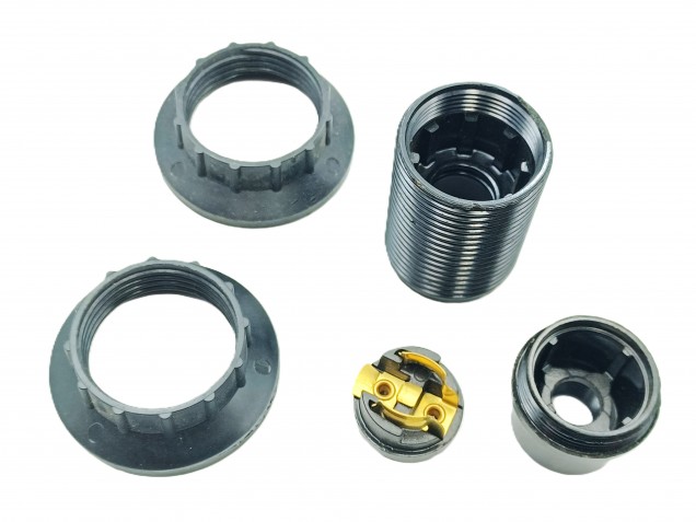 E14 Bakelite lamp holder threaded skirt and chunky shade rings black