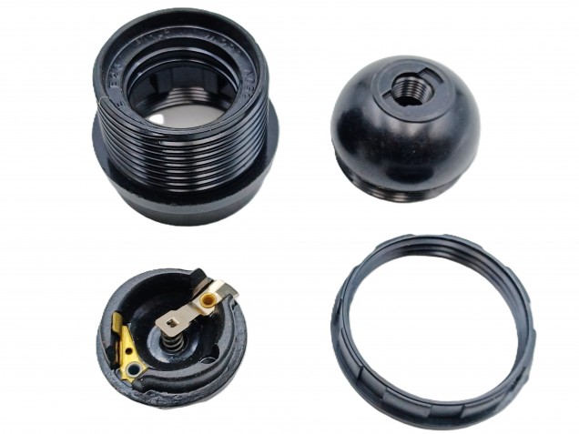 3 PART E26 ES LAMP HOLDER IN BLACK HALF THREADED SKIRT