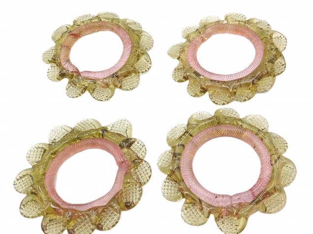 4 Murano glass chandelier hoops rings olive green and pink Circa 1890