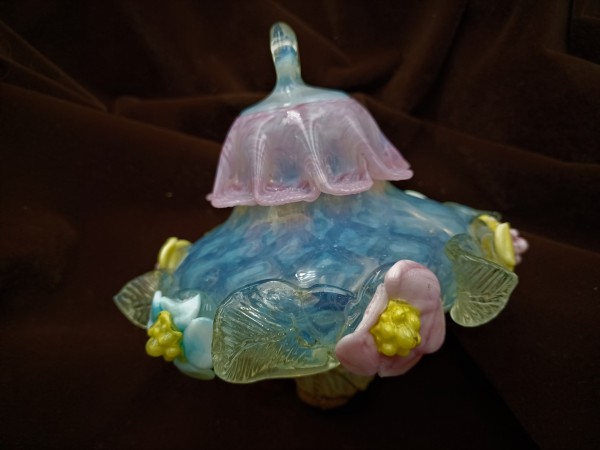 Antique Venetian chandelier lower finial ball blue yellow and pink