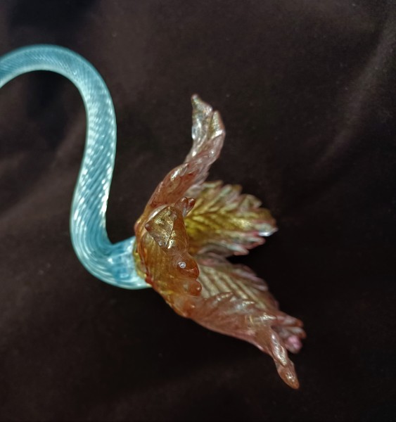 Antique Murano chandelier pink and gold flower with blue glass stem overhang