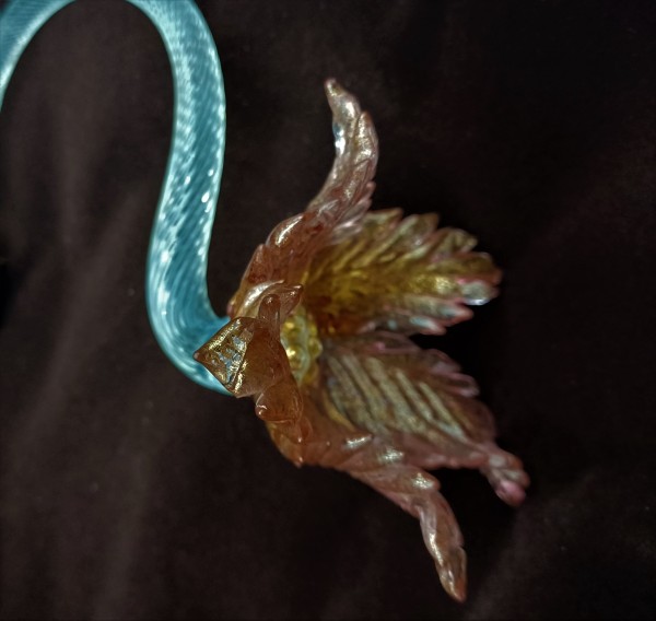 Antique Murano chandelier pink and gold flower with blue glass stem overhang