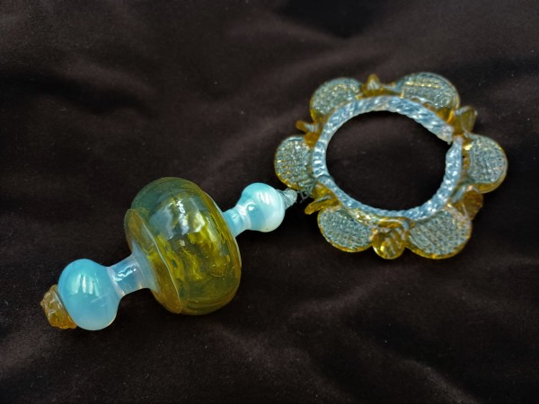 Antique Murano amber and milky blue chandelier drop and hoop