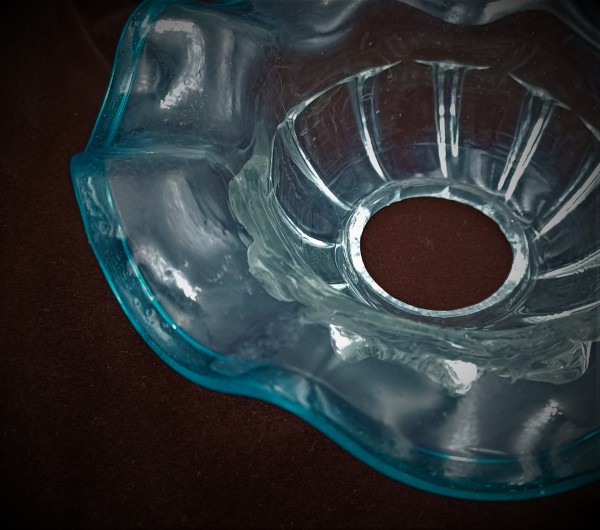 Venetian Chandelier glass dish pan with blue rim