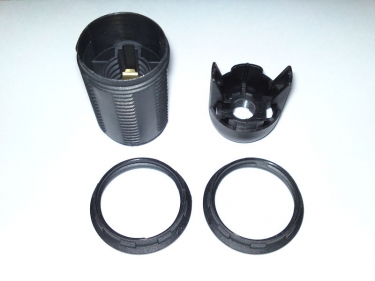 E14 bulb holder 2 part threaded skirt and 2 shade rings black plastic