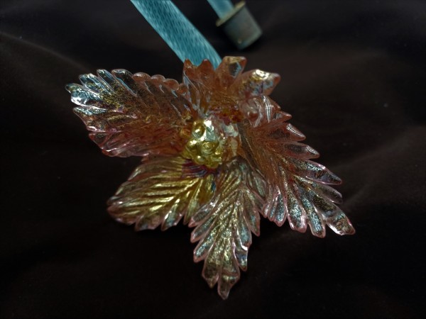 Antique Murano chandelier pink and gold flower with blue glass stem overhang