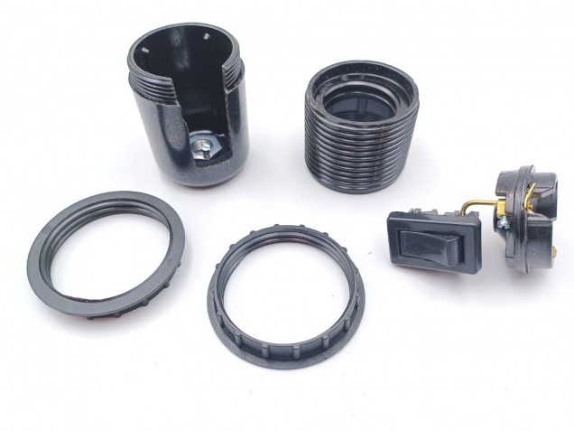 Rocker switch lamp holder E27 Black 10mm base plain or threaded skirt